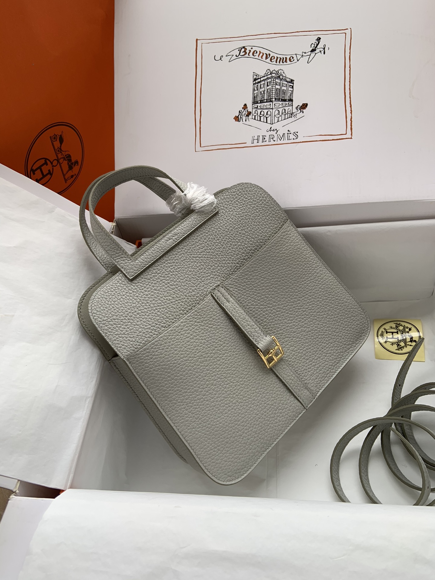 Hermes Halzan 25 Handbag Shoulder Bag In Gris Asphalte Clemence Leather